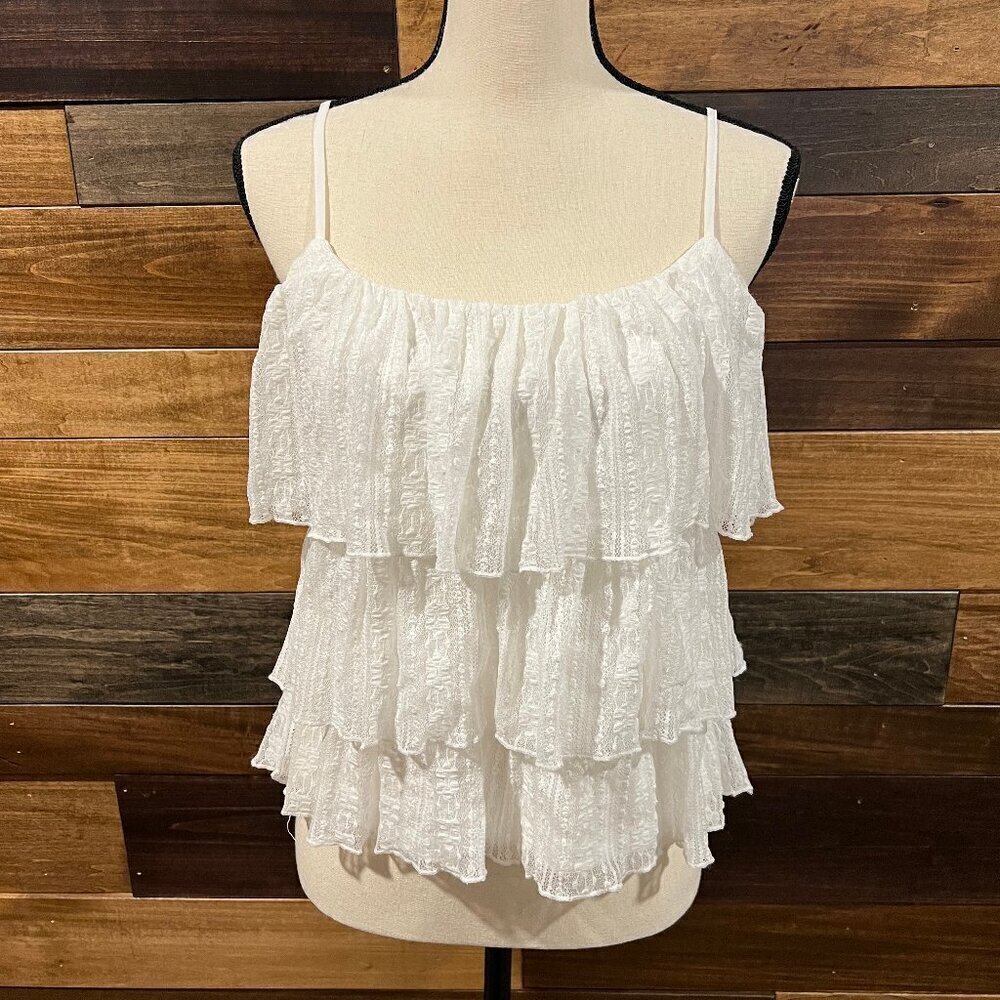 NWOT Lush Tiered White Lace Cami with adjustable straps, Size Small